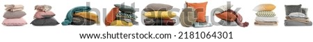 Set with different stylish decorative pillows on white background. Banner design