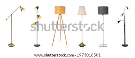 Set with different stylish floor lamps on white background. Banner design 