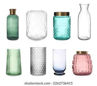 Set of different stylish glass vases on white background