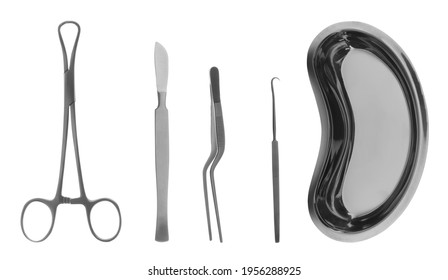 Set with different surgical instruments on white background. Banner design 