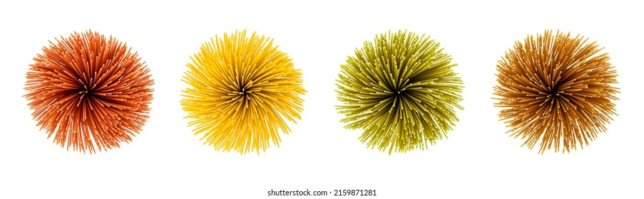 set of different tastes spaghetti top view isolated on white. concept. pompon. - Shutterstock ID 2159871281