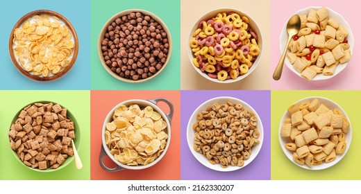 Set of different tasty breakfast cereals on colorful background, top view - Shutterstock ID 2162330207