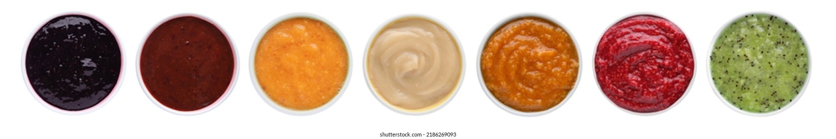 Set with different tasty fruit puree on white background, top view. Banner design - Shutterstock ID 2186269093