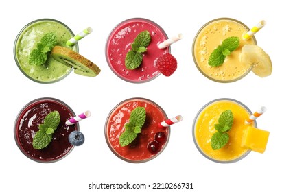 Set with different tasty smoothies on white background, top view - Powered by Shutterstock