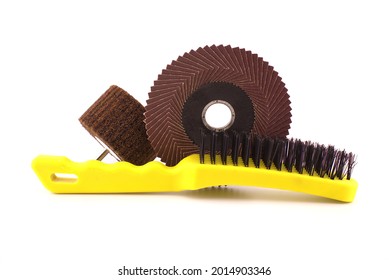 Set Of Different Tools For Grinding - Metal Wire Bristle Brush, Abrasive Wheel And Flap Disc For Angle Grinder, Isolated On White Background