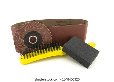 Set Of Different Tools For Grinding - Sanding Belt, Metal Wire Bristle Brush, Abrasive Sponge And Flap Disc For Angle Grinder, Isolated On White Background