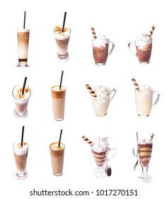 Set of different transparent cups of coffee types mug  and breakfast morning sign tasty aromatic glass assortment,coffee cocktails ,Hot chocolate with whipped cream isolated on white background.