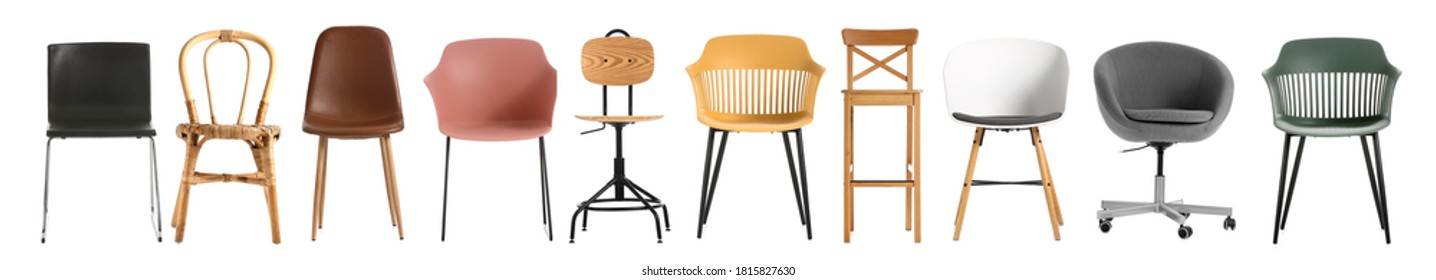 Set Of Different Trendy Chairs On White Background