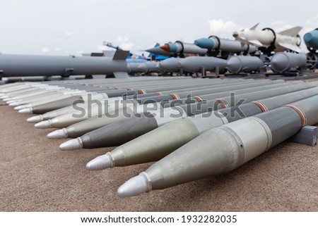 Set of different types aerial bombs and missile technology. Army, ammunition, war, danger concept. Modern army, aviation and aerospace.  Selective focus. Shallow depth of field.