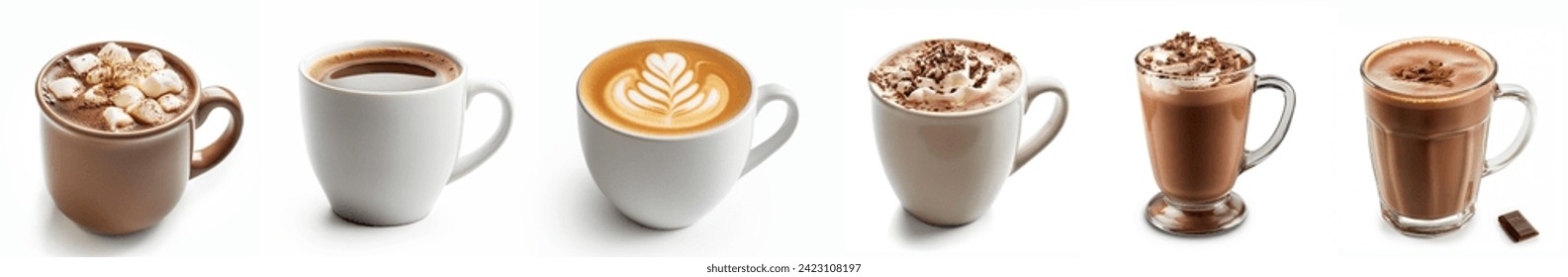Set with different types of coffee cup, cappuccino, black coffee, Choco latte, hot chocolate. Various types of coffee drinks collection set isolated on white background. - Powered by Shutterstock