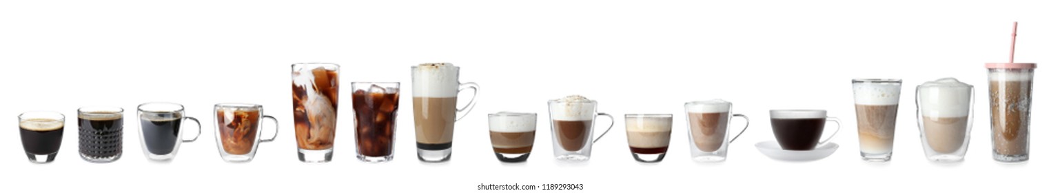 Set with different types of coffee drinks on white background