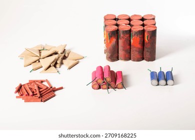 Set of different types of firecrackers and circoblits on a white background, close-up