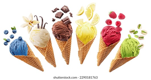 Set of different types of ice cream balls in waffle cones with ice cream ingredients - fruits, berries and sweets. Isolated on a white background. Clipping Path. - Shutterstock ID 2290181763