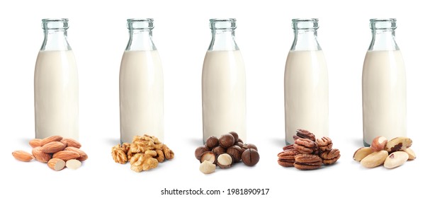 Set With Different Types Of Vegan Milk And Nuts On White Background. Banner Design