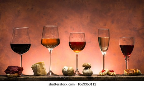 set of different types of wines with food pairing