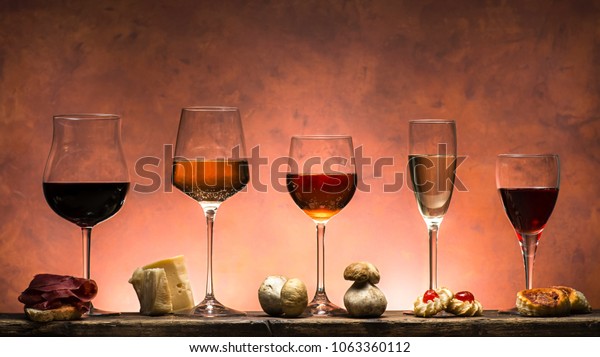 set of\
different types of wines with food\
pairing