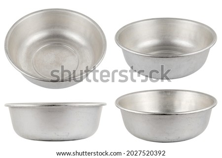 set of different views of used bare aluminuim basin isolated on white background