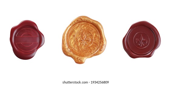 Set with different wax seals on white background, top view. Banner design 