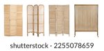 Set with different wooden folding screens on white background