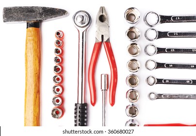 Set of different work tools over white isolated background