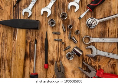 Set of different working tools on wooden background. construction and woodworking