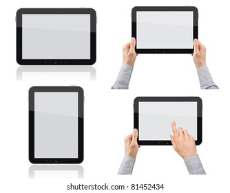 Set of digital tablet pc with businessman hands. Isolated on white. - Powered by Shutterstock