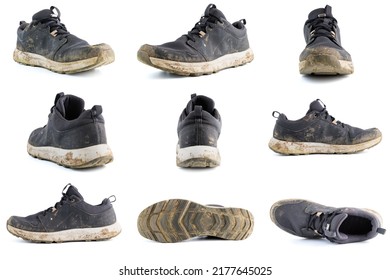 set of dirty sport shoe sneaker isolated on white background in different position