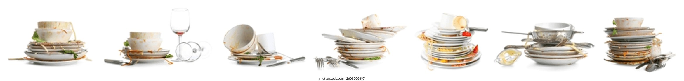 Set of dirty tableware on white background