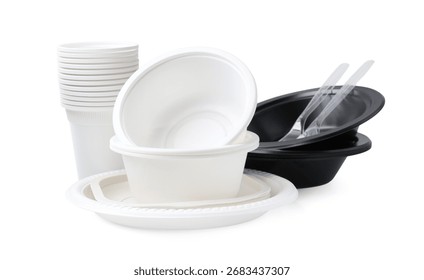 Set of disposable plastic tableware isolated on white