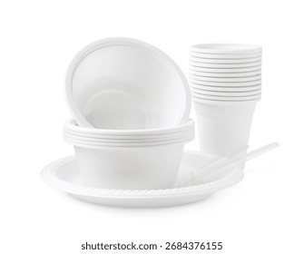 Set of disposable plastic tableware isolated on white
