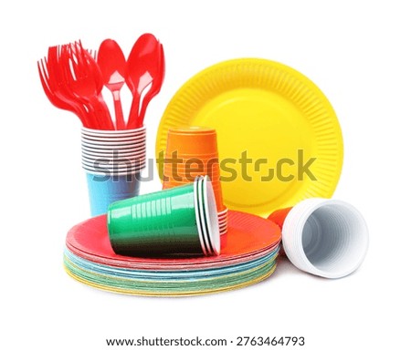 Set of disposable plastic tableware isolated on white