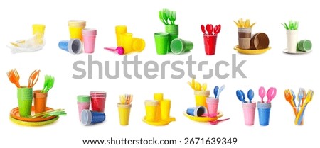 Set of disposable plastic tableware on white background