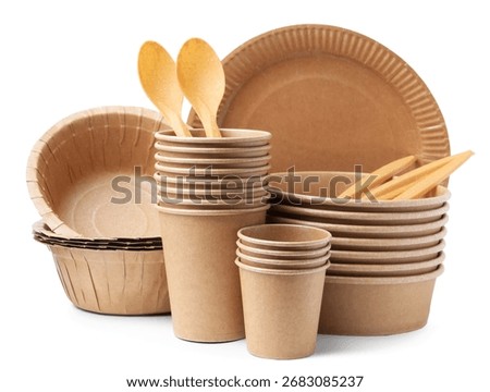 Set of disposable tableware isolated on white