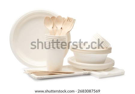 Set of disposable tableware isolated on white