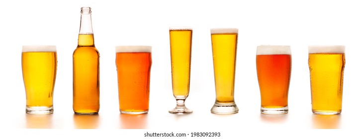 Set Of Diverse Beers In Different Glasses For Clients. Bottle, Glass, Tall Glasses With Light Tasty Cold Ale And Lager, Isolated On White Background, Empty Space, Studio Shot, Panorama, Mockup