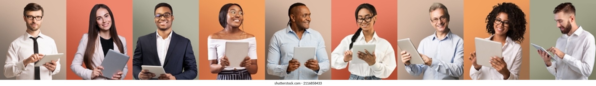 Set Of Diverse Business People In Formal Clothes Using Digital Tablets, Multiethnic Men And Women With Modern Gadgets Working Remotely While Posing Over Colorful Studio Backgrounds, Panorama, Collage