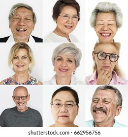 Set Of Diversity Senior Adult People Face Expression Studio Collage