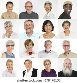 Set Of Diversity Senior Adult People Face Expression Studio Collage