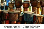 Set of djembe drums. A lot of African traditional percussion instruments