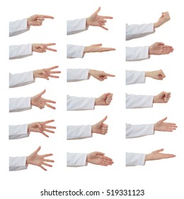 Set Of Doctor Female Hand Gestures Over White Isolated Background