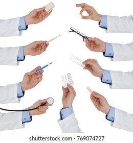 Set Of Doctor Hand With Medical Tool, Isolated On White Background