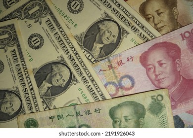 Set Of Dollar Bills And RMB