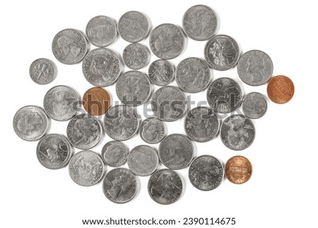 Set dollars metal, cash money, coin isolated on white, top view