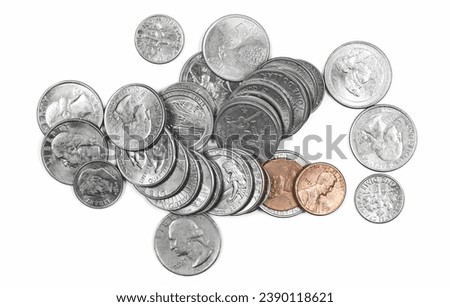 Set dollars metal, cash money, coin isolated on white, top view
