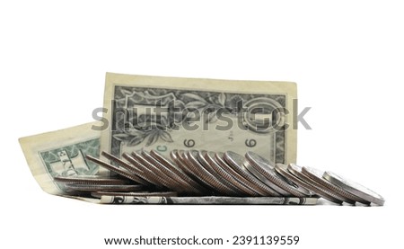 Set dollars metal, cash money, coin and one dollar bill isolated on white, side view