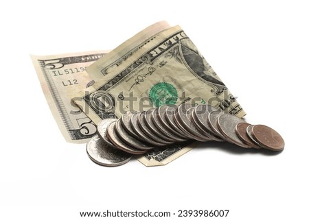Set dollars metal, cash money, coin and dollar bill isolated on white, side view