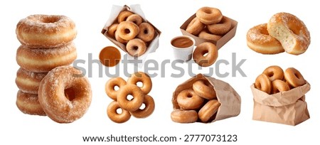 Set of donut doughnut, classic glazed powdered sugar round sweet fried pastry, rattan basket with napkin, takeout box with caramel sauce, stack pile broken bitten, isolated cutout mockup