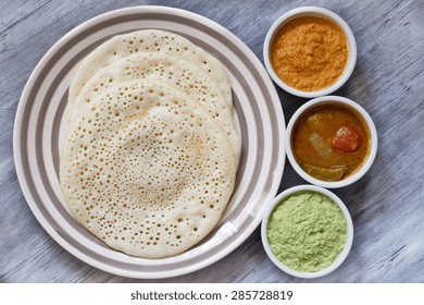 Set Dosa - Set Of 3 Dosas Served With Sambar And Chutneys, Overhead View