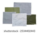 set of drapery curtain fabric samples in top view contains grey and green color isolated on background with clipping path. selected terry or canvas fabric type for furniture or blinds design.