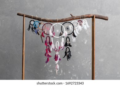 Set Of Dream Catchers With Different Colors. Best Way To Catch Bad Dreams Or Nightmares. Best Options For Bed Decoration